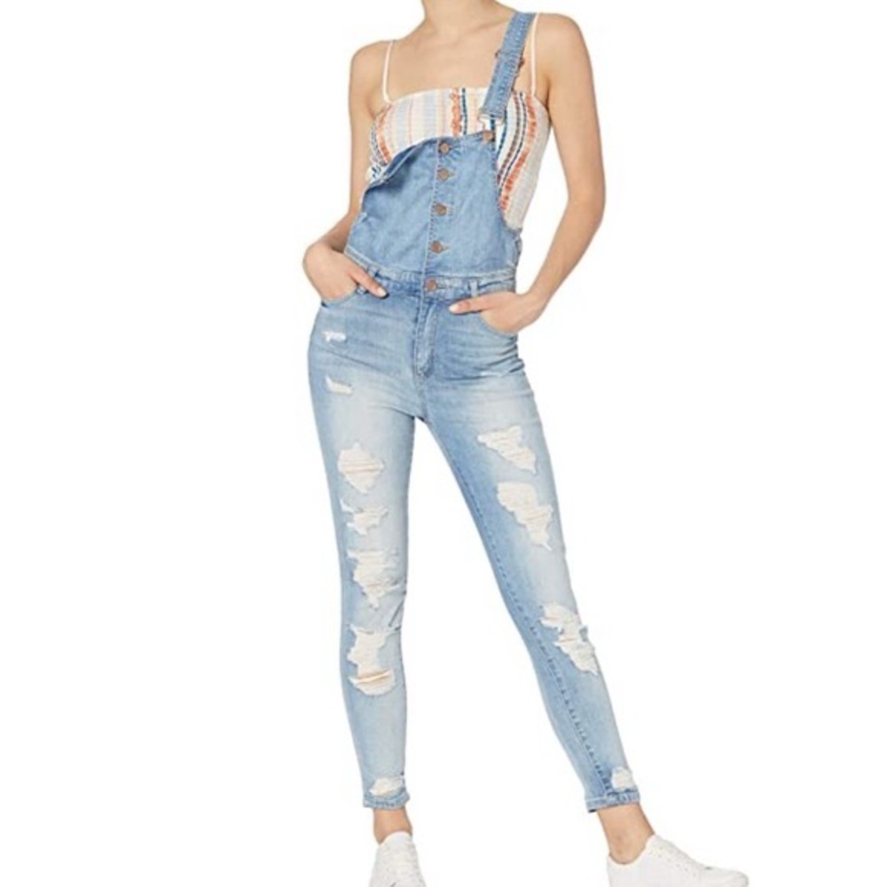 Women's Light Blue Denim Overalls by Dollhouse size 5 jeans distressed